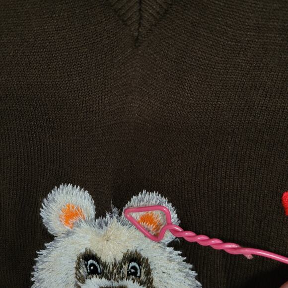 Vintage Di Costa Sweater Womens L Brown Embroidered Bear V-Neck Long Sleeves 70s - Picture 14 of 16
